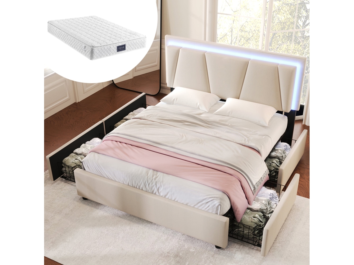 Cama Doble De 140x200 Cm, Color Beige, Con Iluminación Led, 4 Cajones Y Colchón.