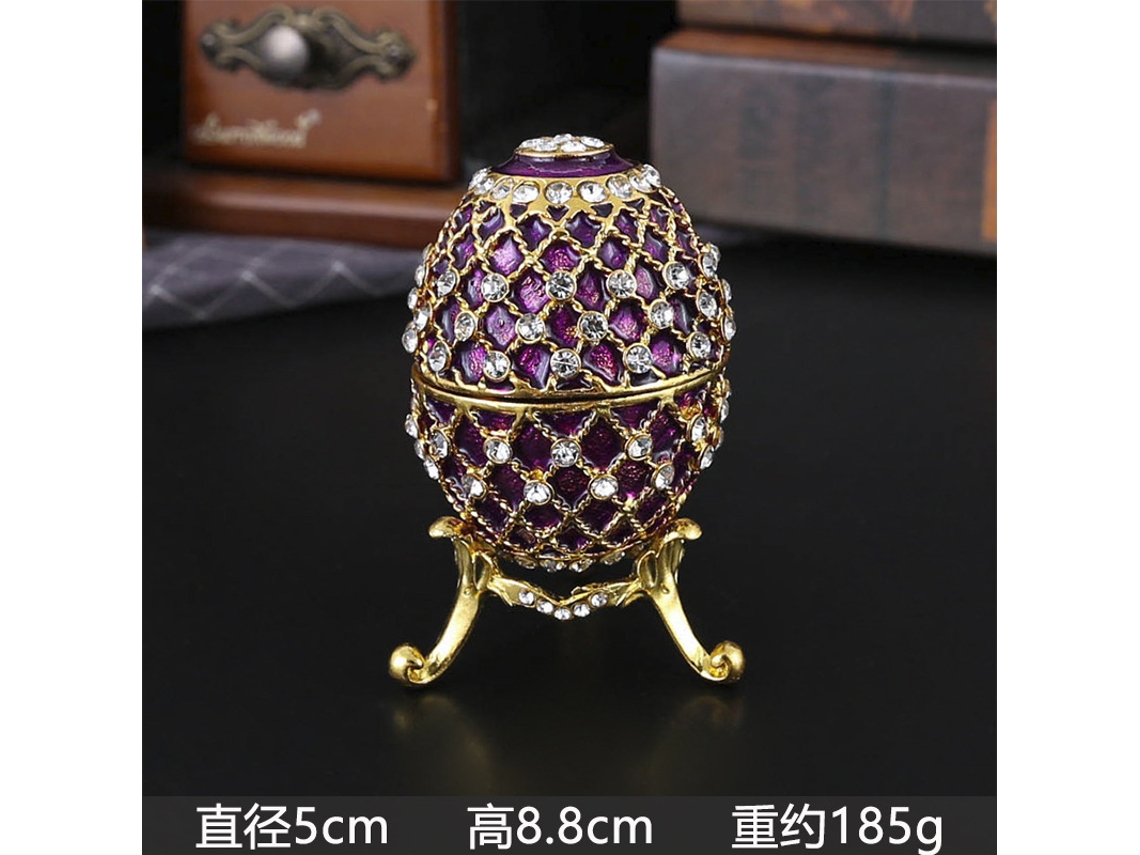 (morado) Joyero de metal hecho a mano con pintura esmaltada en forma de huevo de Pascua y detalles de diamantes.