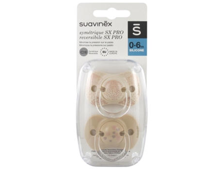 Chupete Conjunto de 2 Con Tetina Simétrica Sx Pro 0 a 6 Meses Modelo: Beige Y Corazón SUAVINEX