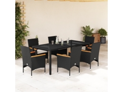 Juego de comedor de jardín de 7 piezas con cojines de mimbre negro y cristal de DKD Home Decor