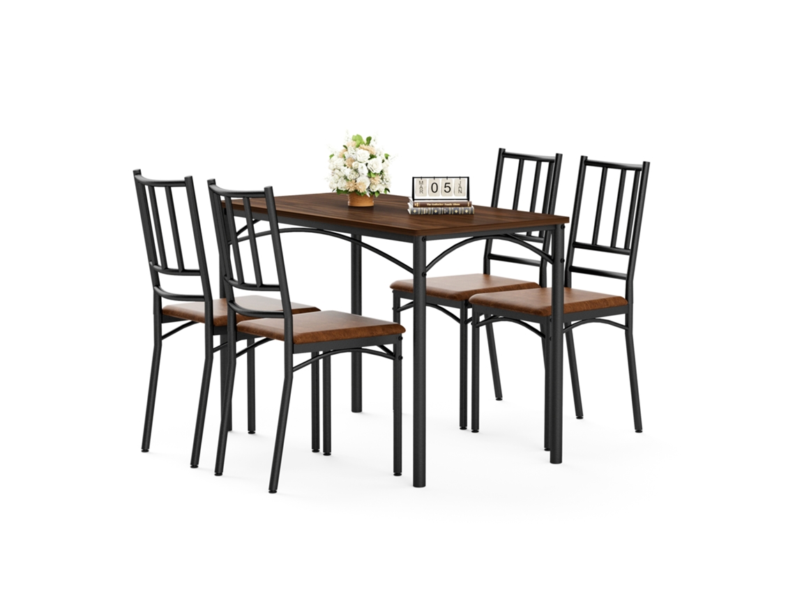 Conjunto De Comedor Industrial De Nogal Con 4 Sillas, 110x60x77cm