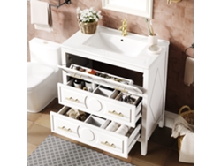 Mueble De Baño Blanco De 81x46,5 Cm Con Lavabo De Cerámica Y 3 Cajones, Estilo Retro.