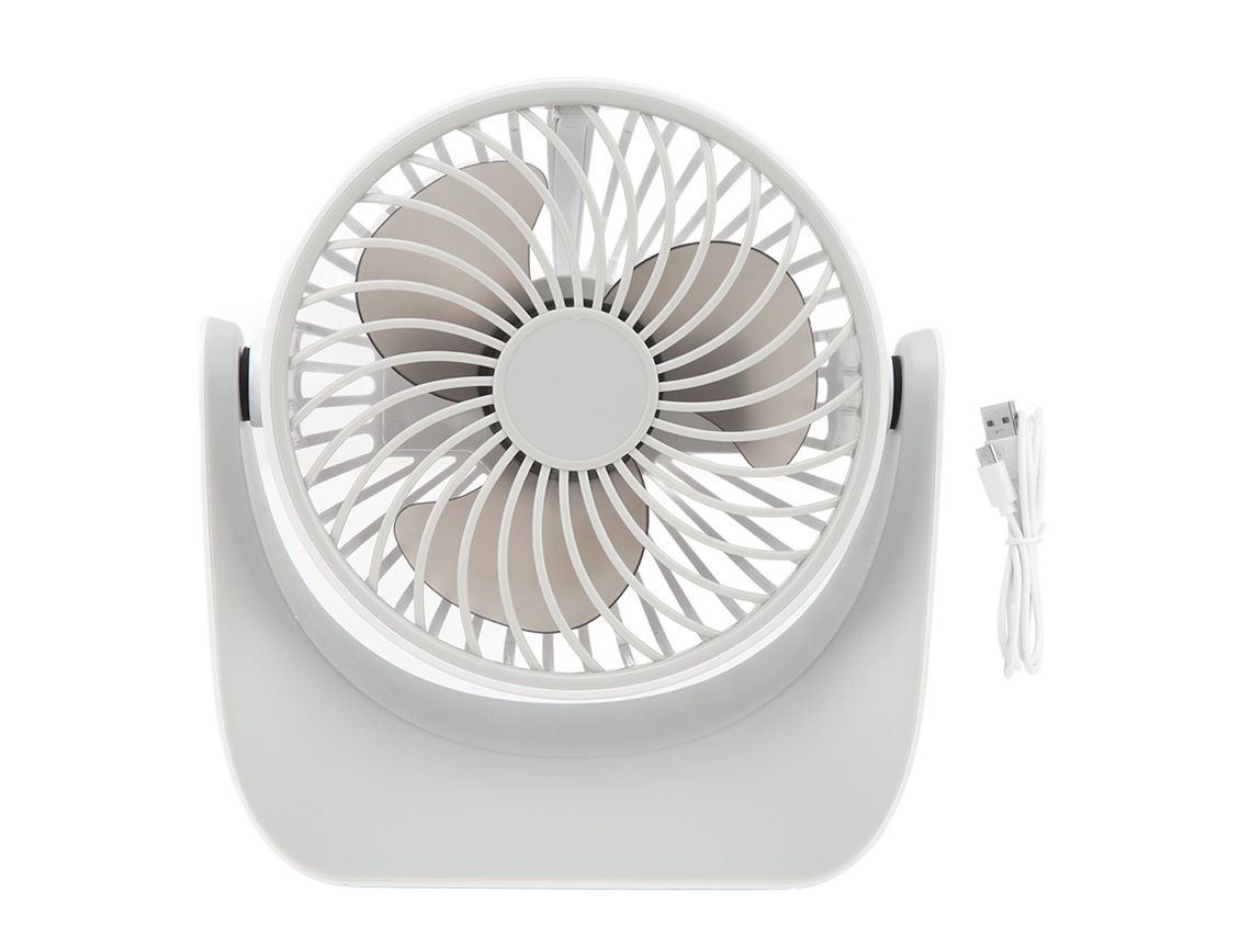 Ventilador de mesa USB con 3 velocidades, base estable y cabezal giratorio.