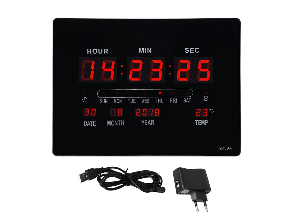 Reloj de pared eléctrico silencioso con calendario perpetuo y pantalla de temperatura y humedad, 110-220 V con enchufe europeo.