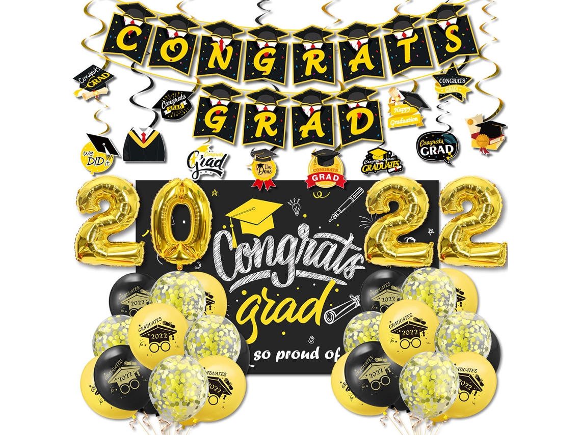 Decoración Para Fiesta De Graduación 2022 Con Pancarta, Globos, Cinta Dorada Y Accesorios.