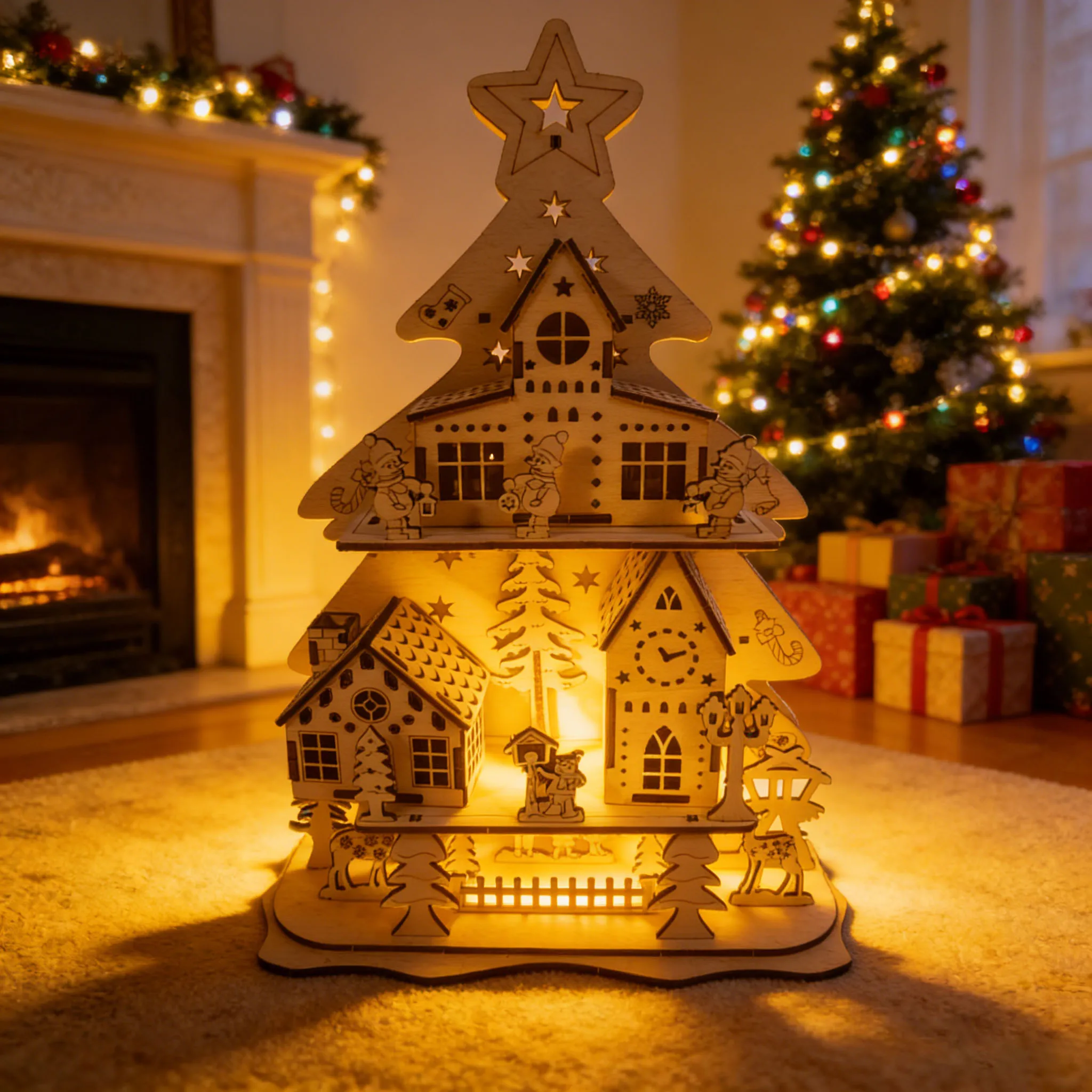 Rompecabezas de madera 3D para armar una casa en el árbol de Navidad. MDUG (Hazlo tú mismo)