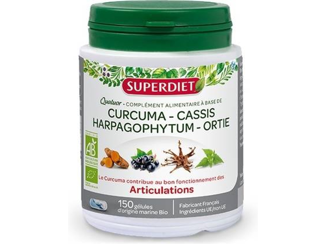 Complemento Alimentar SUPERDIET Quarteto Articulação Bio : Açafrão Groselha Preta Harpagophytum Urtiga (150 pérolas)