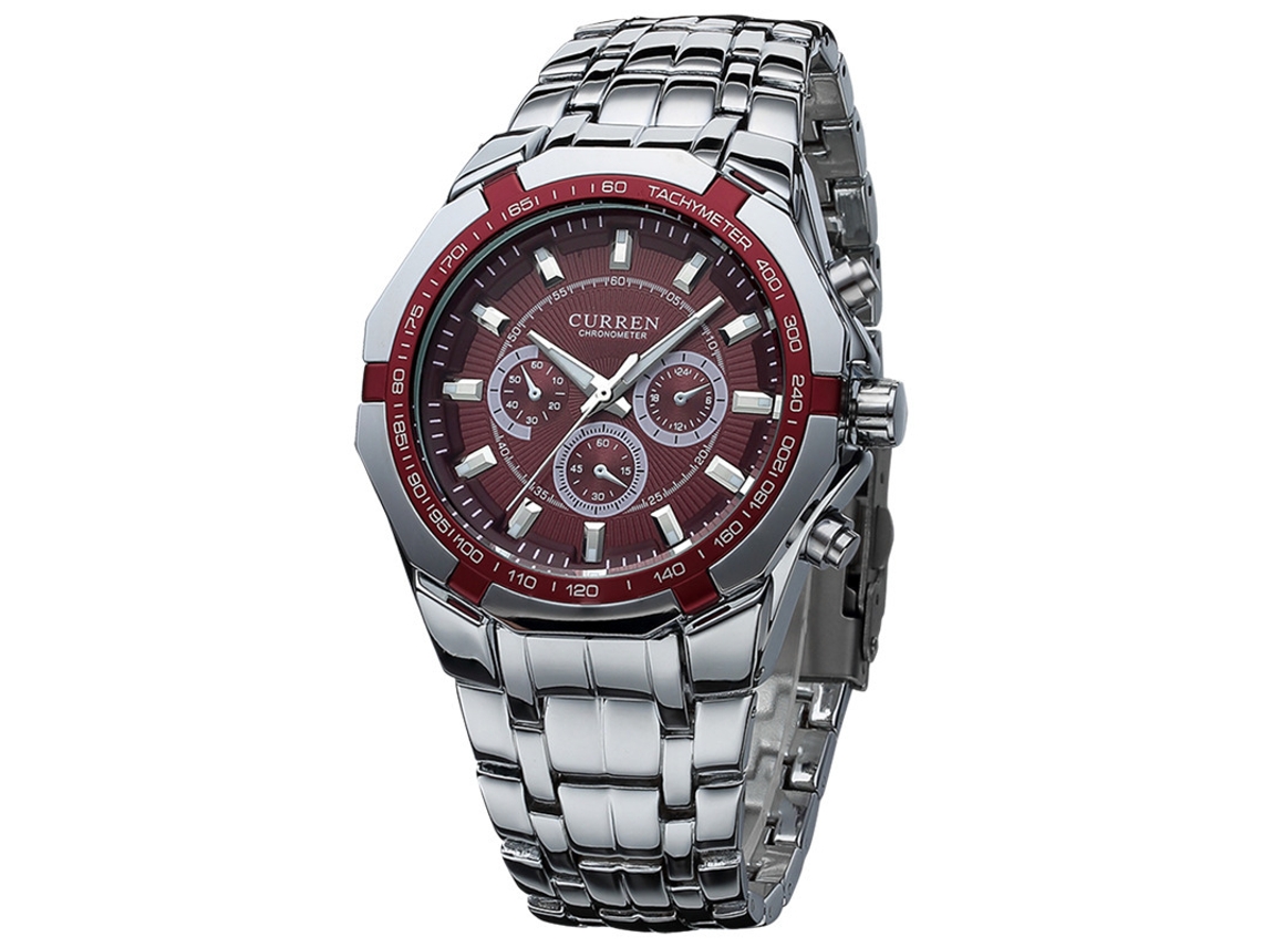 Reloj De Hombre De Acero Inoxidable (plateado Y Rojo), Reloj De Cuarzo Informal, Resistente Al Agua.