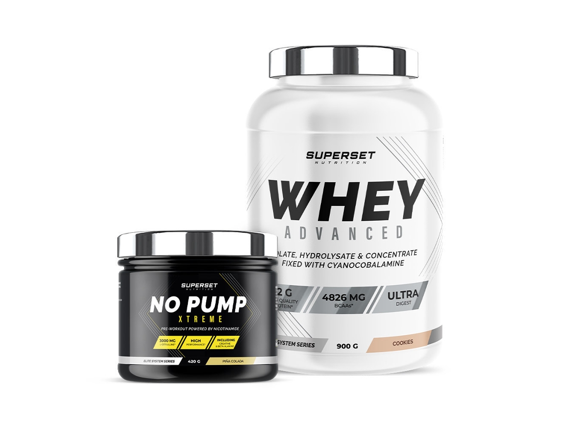 Programa de acondicionamiento físico energético 100 Whey Protein Advanced 900 g Galleta sin bomba Xtreme Pinha Colada Superset Nutrición