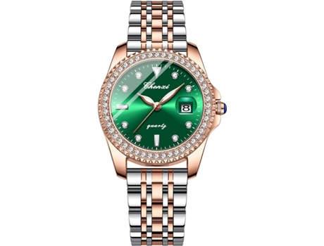 VEANXIN Relojes de acero inoxidable resistentes al agua para mujer con detalles de diamantes y cuerda automática-Verde