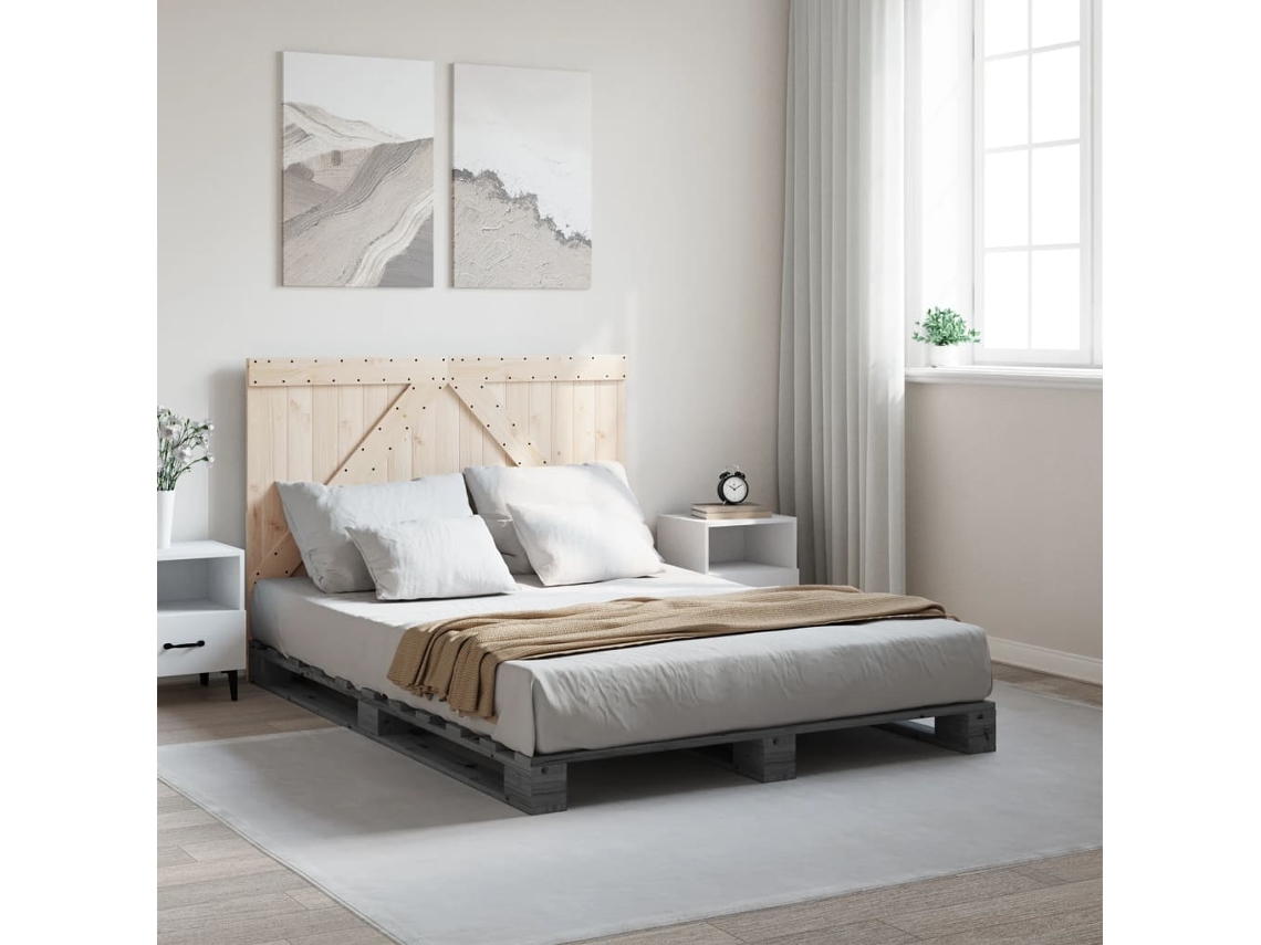 Estructura De Cama Con Cabecero Madera Pino Gris 140x200 Cm