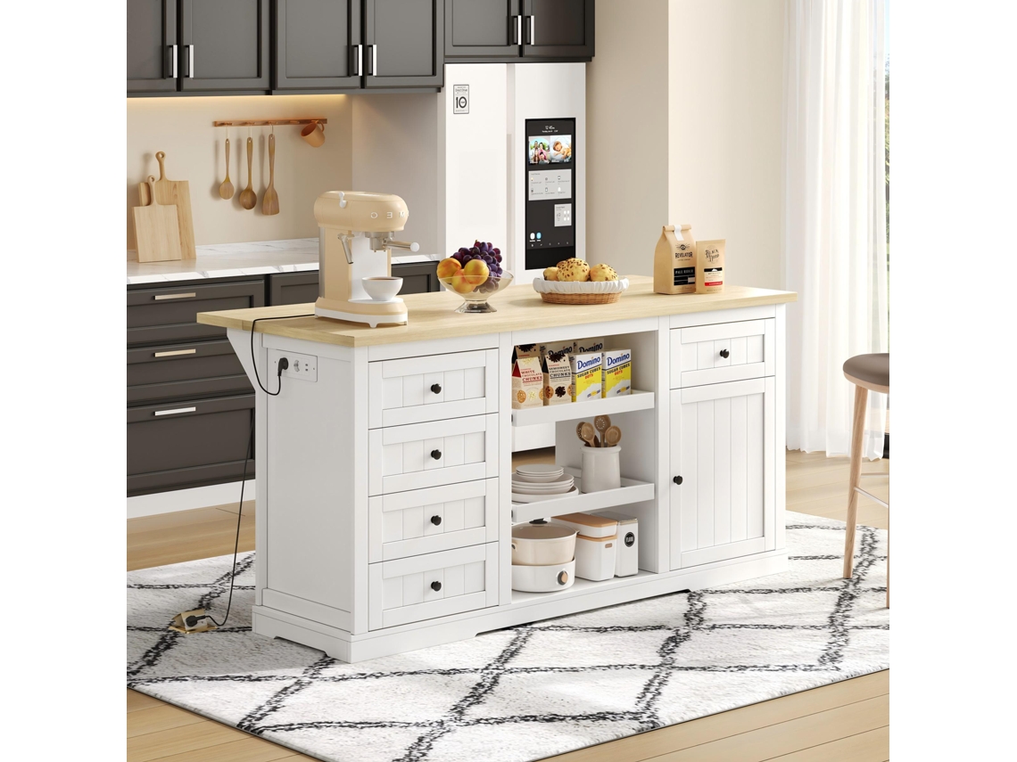 Isla Cocina Aparador Blanco 150x65x75cm 5 Cajones 2 Estantes Enchufe