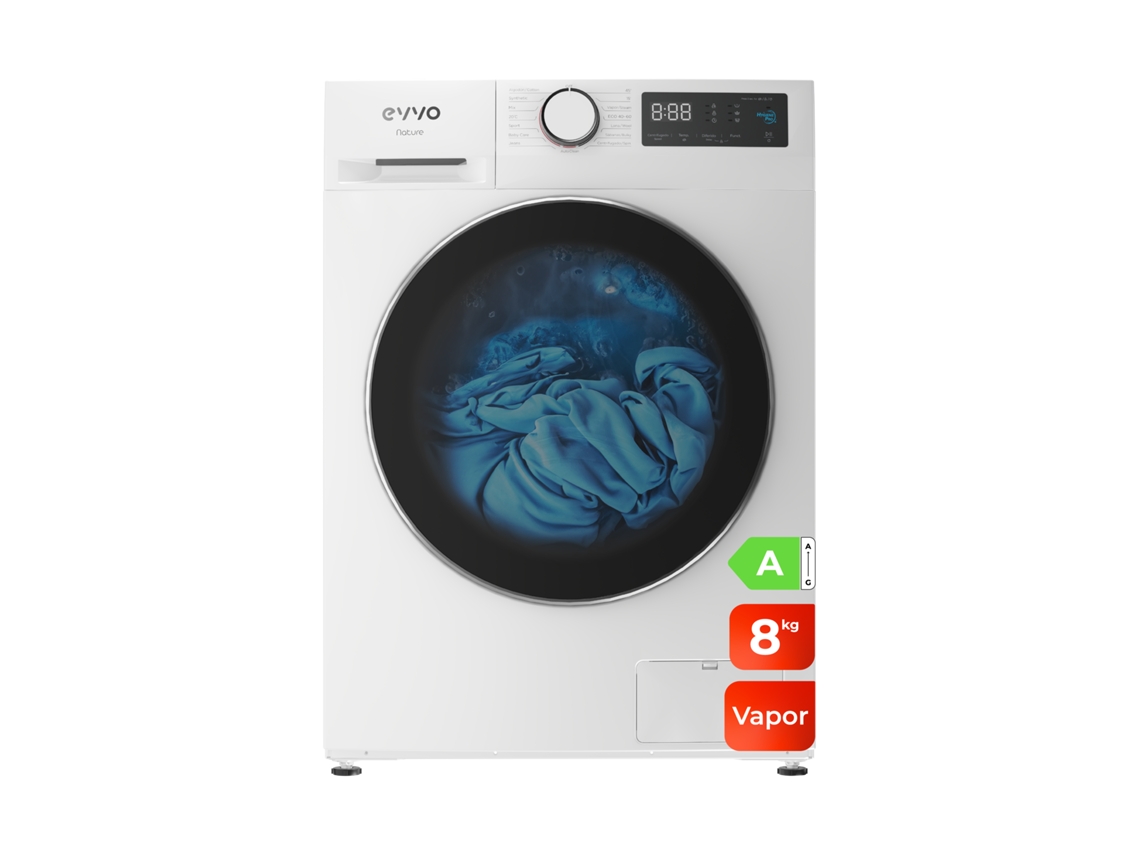 Evvo Lavadora Nature 8 8 Kg, 1350 Rpm, Clase A, Motor Inverter, Tambor Eprotect, Vapor Steam Wash, 15 Programas, 15’ Rápido, Blanco