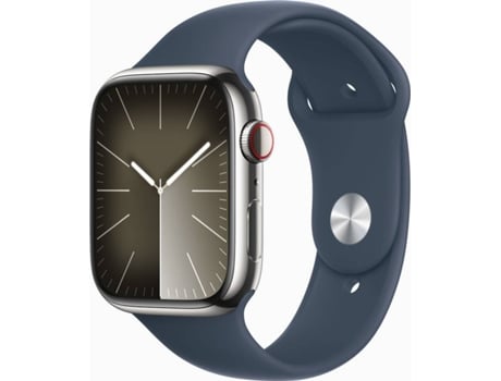APPLE Watch Series 9 GPS+Cellular 45 mm Acero Inoxidable Plata con Correa Deportiva Azul Tormenta (Talla: S/M)