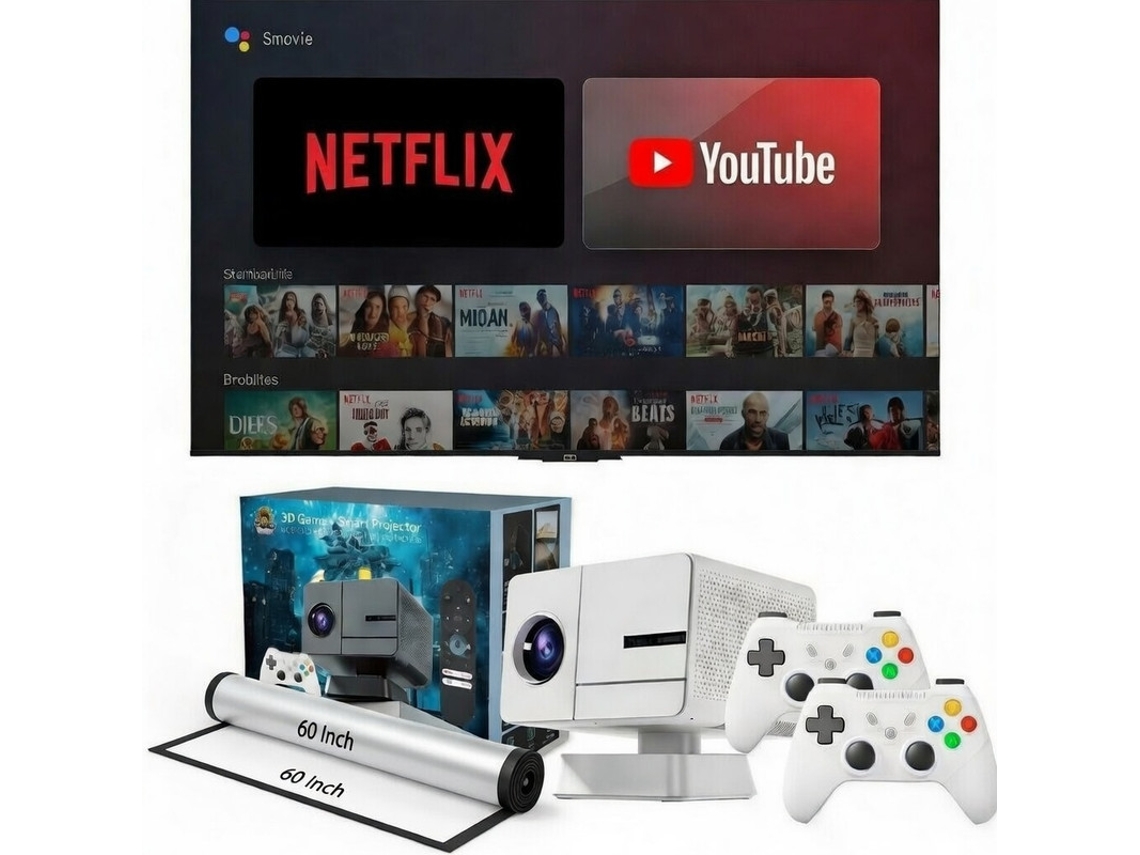 Proyector inteligente Szsmart P50m con pantalla nativa de 60'' 4:3 1080p, 800 ANSI, Android 14, enfoque automático, corrección trapezoidal, 2 gamepads + 36 000 juegos