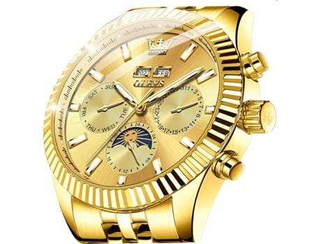 VEANXIN Hombres Automático Lujo Clásico Año/Luna/Fecha/Fase Lunar Reloj Luminoso Impermeable(oro)