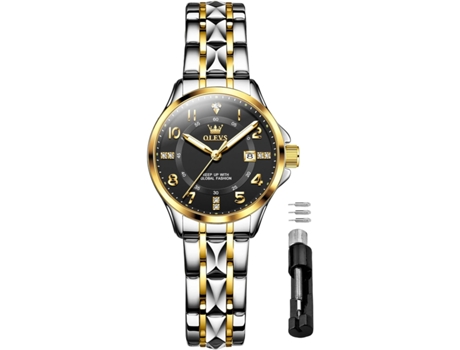 VEANXIN Reloj mecánico automático para mujer con diamantes en oro, acero inoxidable clásico de dos tonos(cara negra dorada plateada)