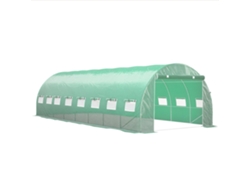 Invernadero tipo túnel de 24 m² (8x3x2 m), acero galvanizado, 16 ventanas, puerta con cremallera, patas verdes.