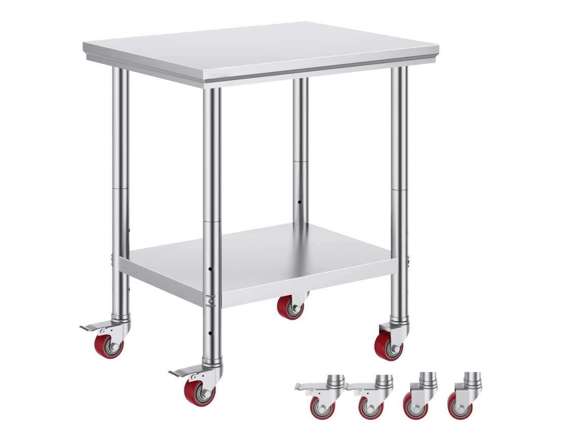 Mesa de acero inoxidable 76x60x86cm con estante ajustable, ruedas con freno y carga de 130 kg Tekmaquinas