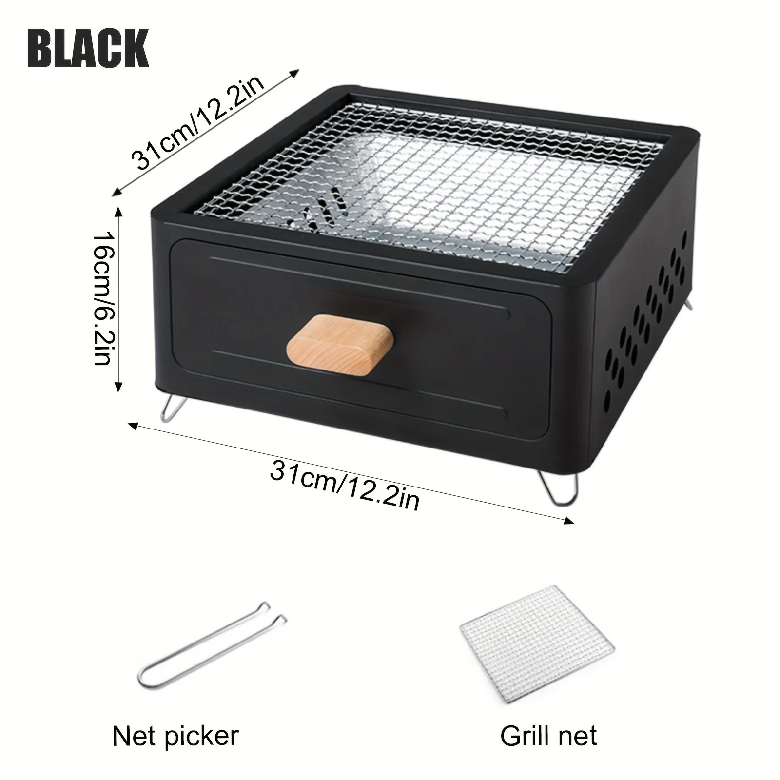 Parrilla De Carbón Cuadrada Portátil (negra) Con Función Para Preparar Té, Ideal Para Fiestas De Camping Y Picnics En El Jardín.
