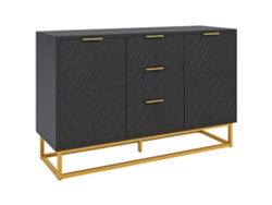 Aparador De Diseño Gráfico Contemporáneo Con 2 Armarios, Estantes Ajustables Y 3 Cajones Deslizantes En Madera Negra Y Metal Dorado.