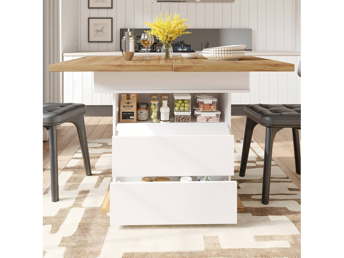 Mesa de comedor extensible de 110 x 140 x 80 cm, plegable, para 4 o 6 personas, con tres estantes, color blanco.