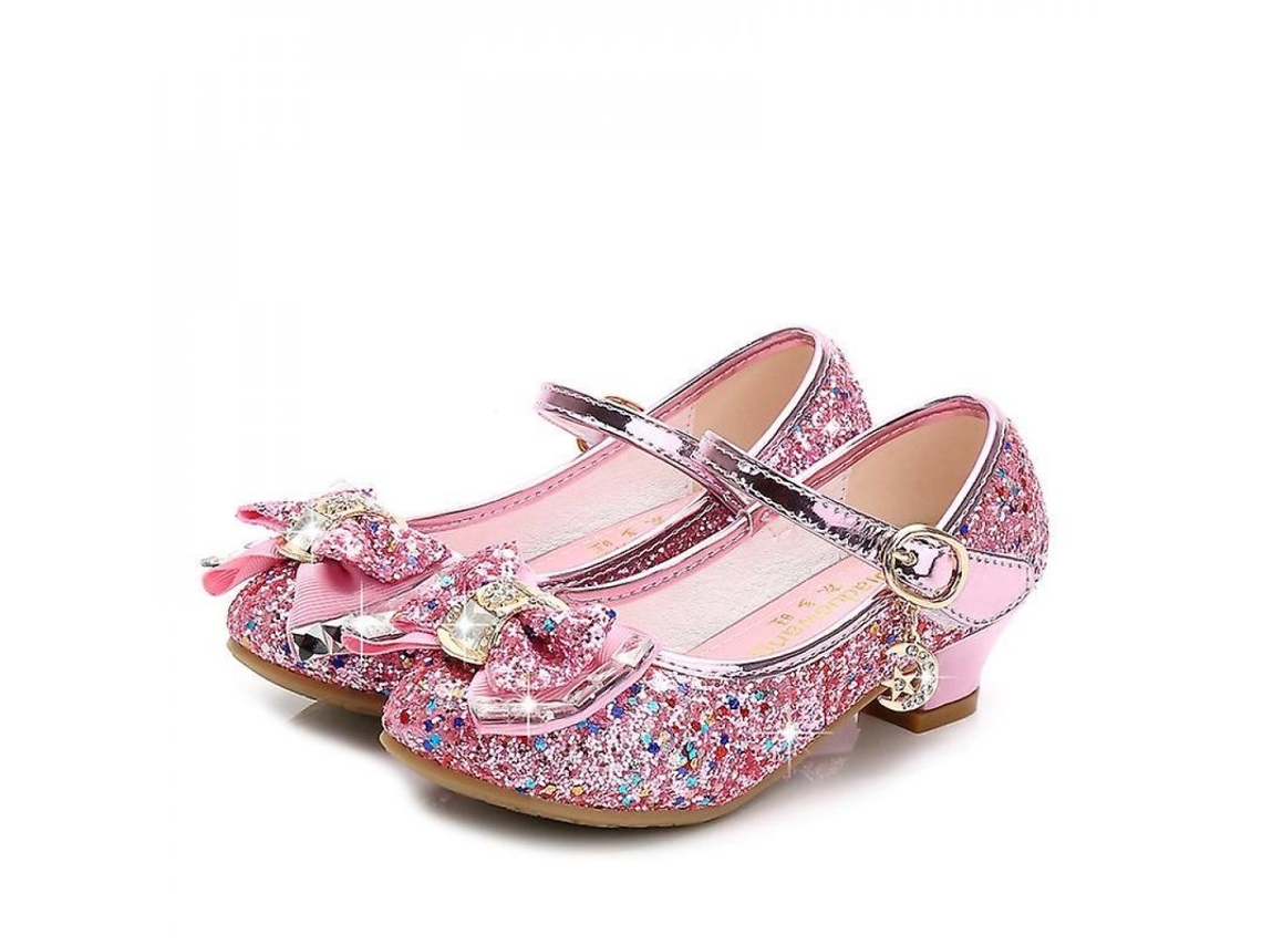 2026-zapatos De Cuero Para Niñas Con Glitter Tacón Alto 3cm Nudo Mariposa Tallas 26-30 Veintiséis Rosa
