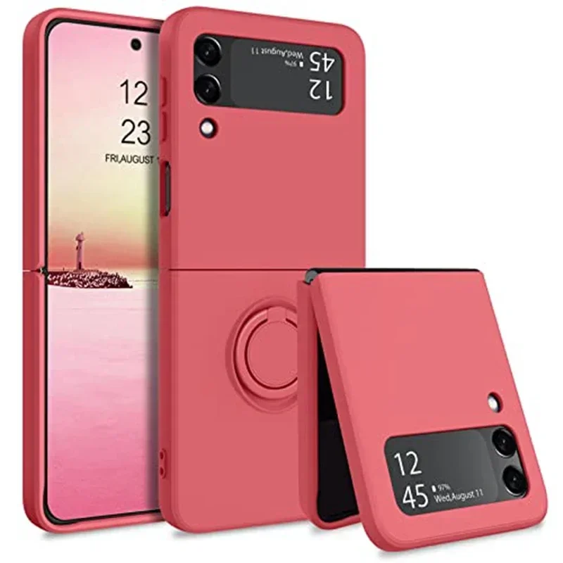 (rojo Rosa, Galaxy Z Flip4) Funda Protectora De Silicona Líquida, A Prueba De Golpes Y Antideslizante, Con Soporte De Anillo, Material Tpu Suave.