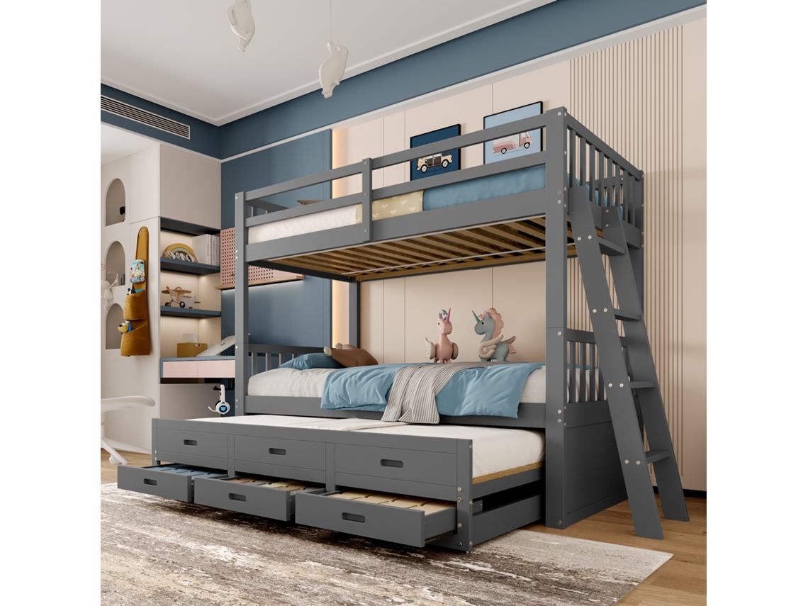 Litera Plegable De 90x200 Cm Con 3 Cajones, Mdf, Pino Gris, Colchón No Incluido.