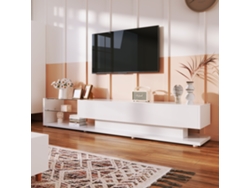 El Mueble De Tv Combina Tonos Blanco Brillante Y Madera. También Incluye Iluminación Led Regulable.