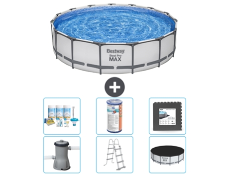 Piscina BESTWAY Round Steel Pro MAX - 457 x 107 cm - Gris - Incluida bomba - Escalera - Cobertor Paquete de mantenimiento - Filtrar - Baldosas
