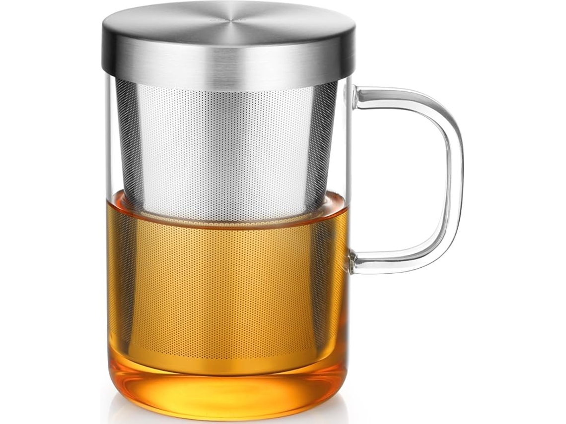 Vaso Con Colador Y Tapa De Acero Inoxidable Plateada.