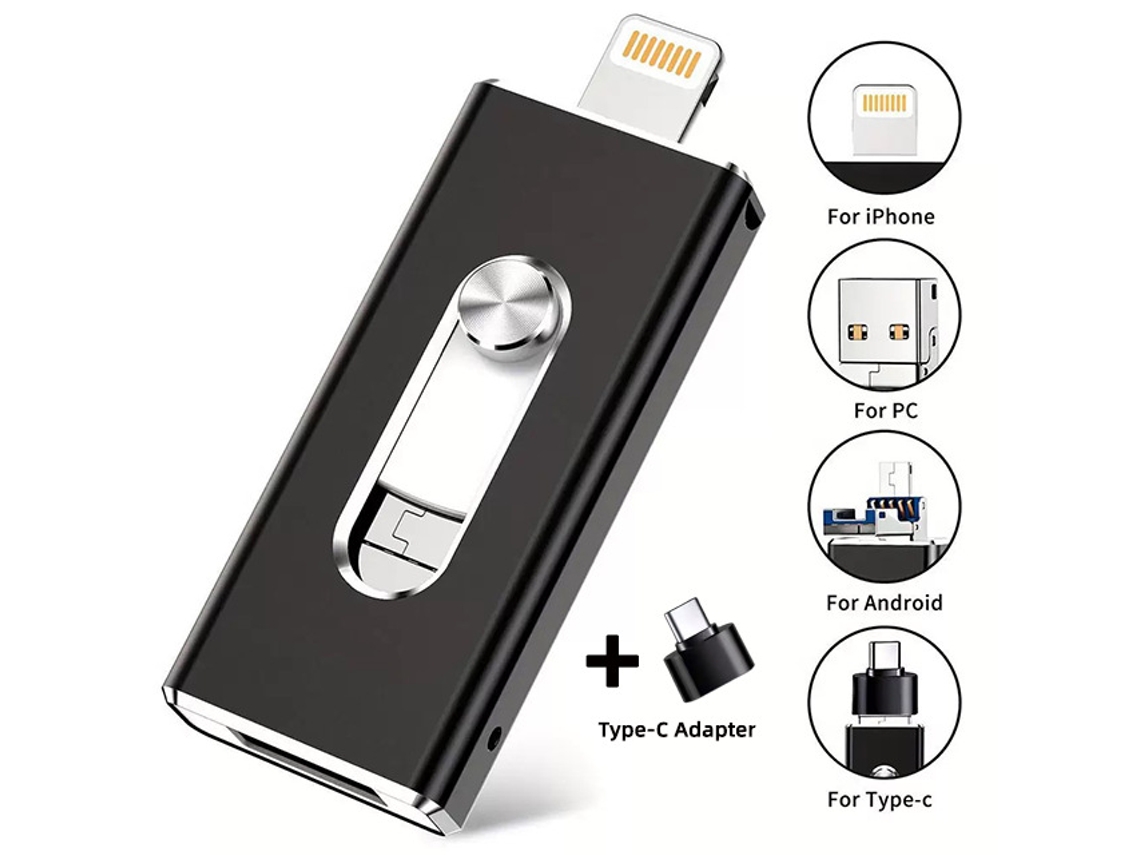 Memoria USB de 128 GB USB 3.0, Lightning/USB-C/USB-A para Android/iPhone/PC, Metalotg Negro Hexinyigjly