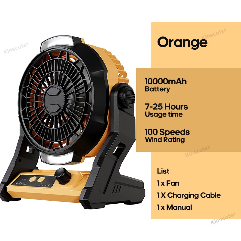Ventilador De Camping Para Exteriores (naranja), Ventilador De Escritorio De 10000 Mah, Iluminación Led.