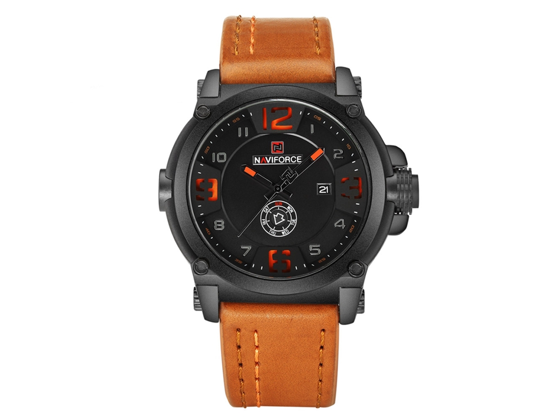 Reloj De Pulsera De Cuarzo Para Hombre Naviforce, Resistente Al Agua Hasta 30 M, Con Fecha Y Correa De Pu Negra Y Naranja.