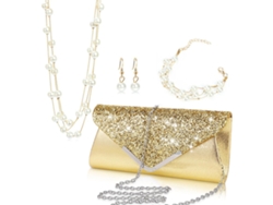 Conjunto de noche brillante de 4 piezas con bolso, collar y pendientes en perlas artificiales (oro) Eifson