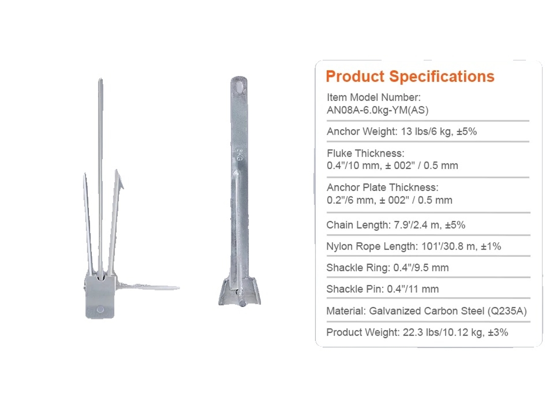 Kit de ancla Fluke, incluye cadena y cuerda, ganchos de seguridad, 13 libras