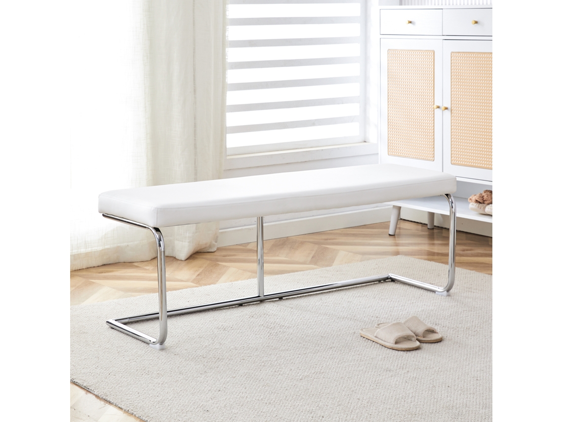 Banco de cuero blanco con estructura cromada – 130 cm