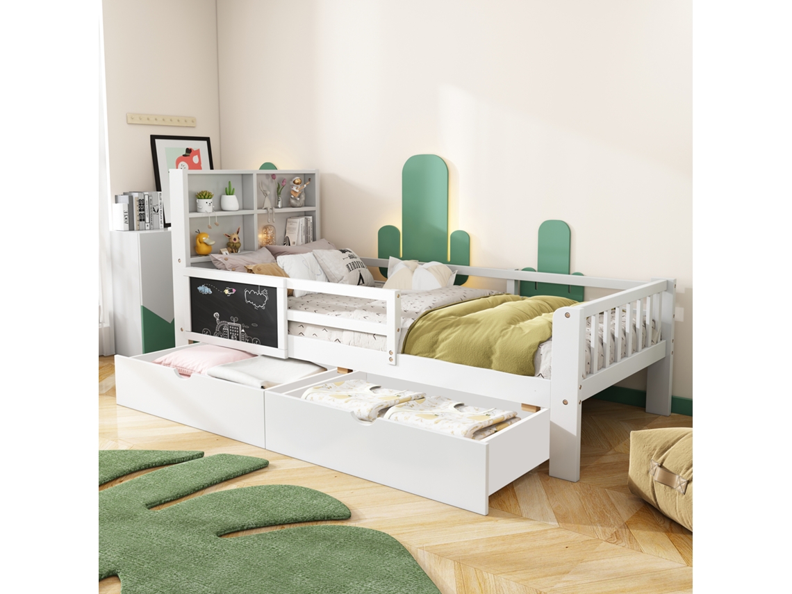 Cama Infantil De Madera De 90x200 Cm Con Cajones Y Pizarra Blanca.