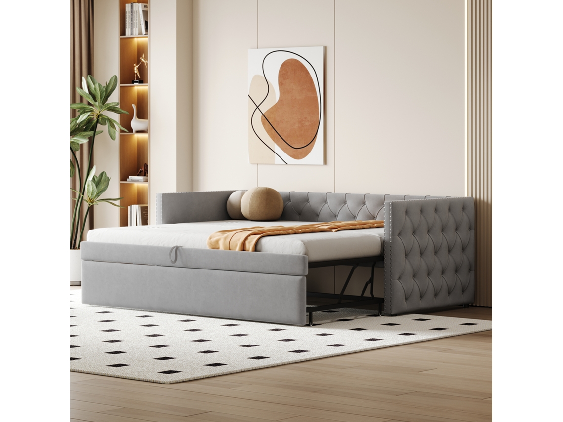 Sofá Cama Extensible De 90x200 Cm En Terciopelo Gris Claro.