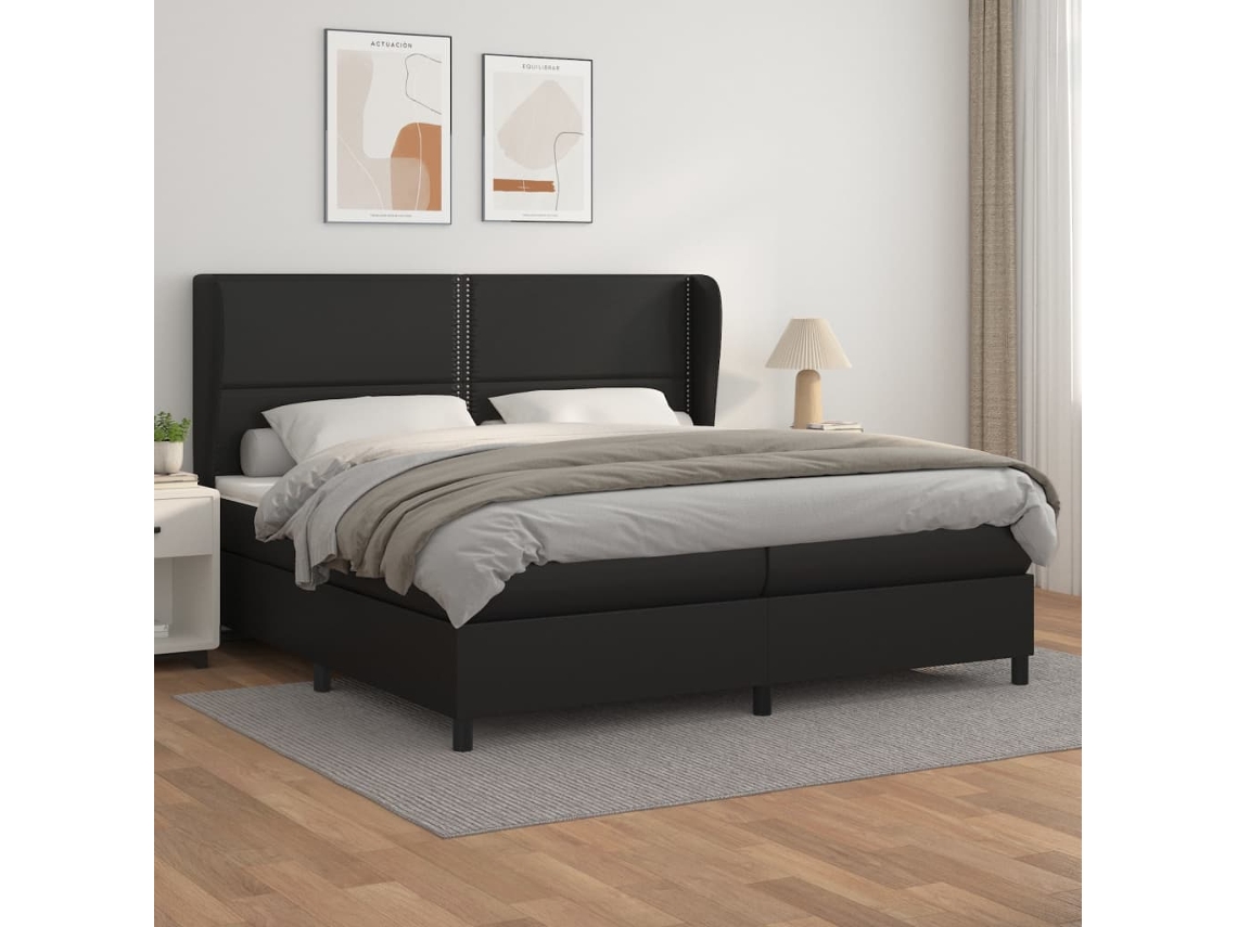 Cama Box Spring Con Colchón Cuero Sintético Negro 200x200 Cm