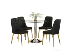 Conjunto Mesa Comedor 85 Cm - Vidrio Templado Y 4 Sillas Pu - Negro Y Dorado