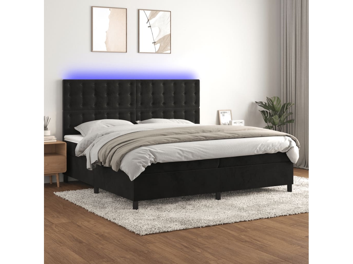 Cama Box Spring Colchón Y Led Terciopelo Negro 200x200 Cm