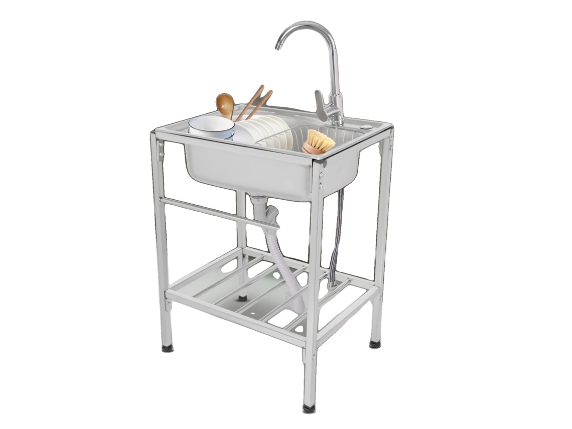 Fregadero de pie, acero inoxidable 304, dimensiones del fregadero: 60 x 45 cm, capacidad de carga: 60 kg, grifo de agua fría y caliente, diámetro de desagüe: 110 mm (OEM)