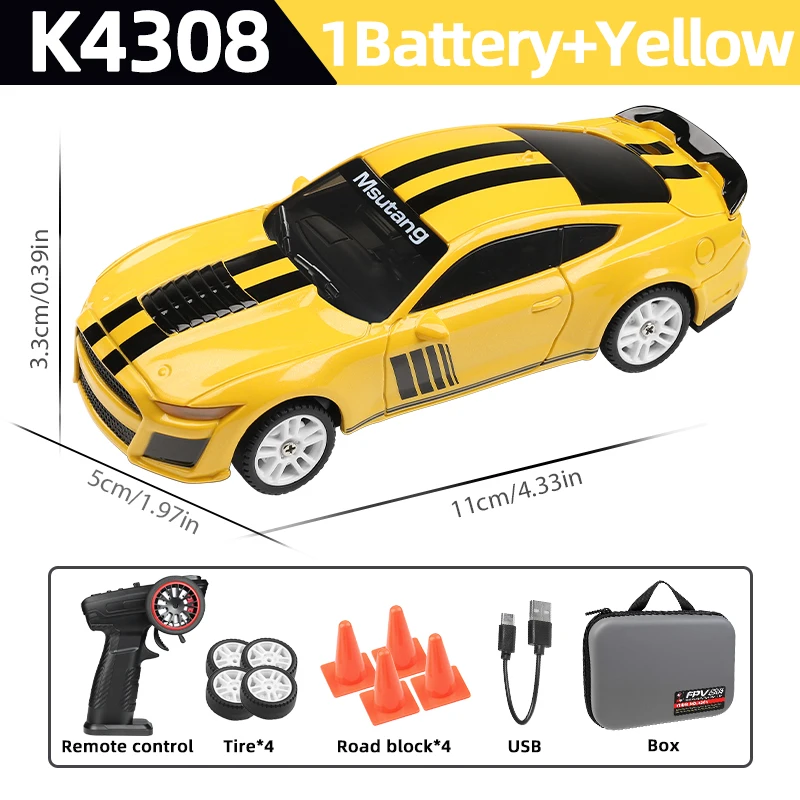 (amarillo)1:43, 2.4g Rc Drift Racing Con Luz Led, Quad Drive Gyro Alta Velocidad Rtr Rc Coche Juguete
