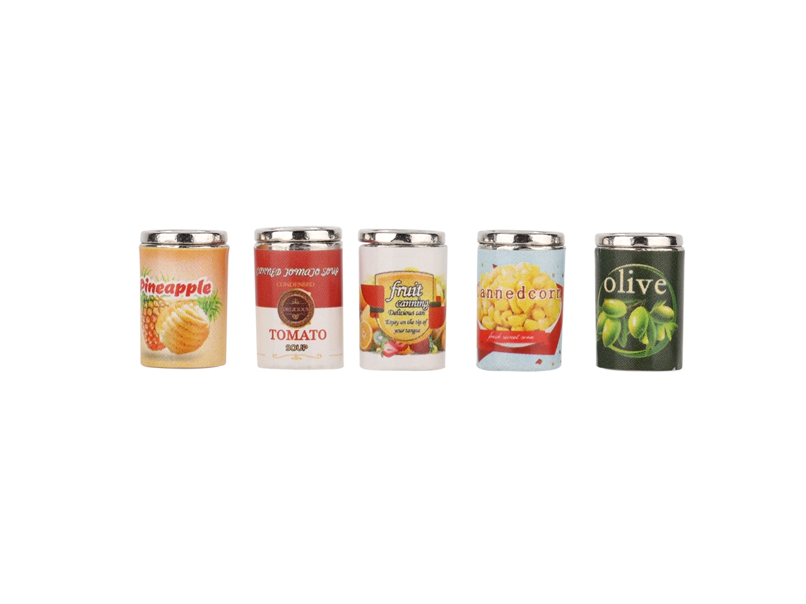 2026 5 piezas Mini latas de fruta para decoración de casas de muñecas Accesorios de bebidas en miniatura