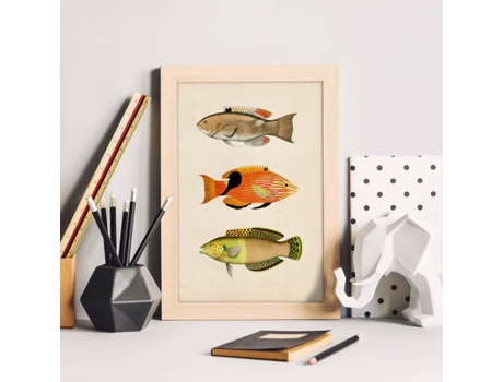 Póster NACNIC de Tres Peces Beige, Naranja, Negro y Verde en , Fondo Papel Vintage.