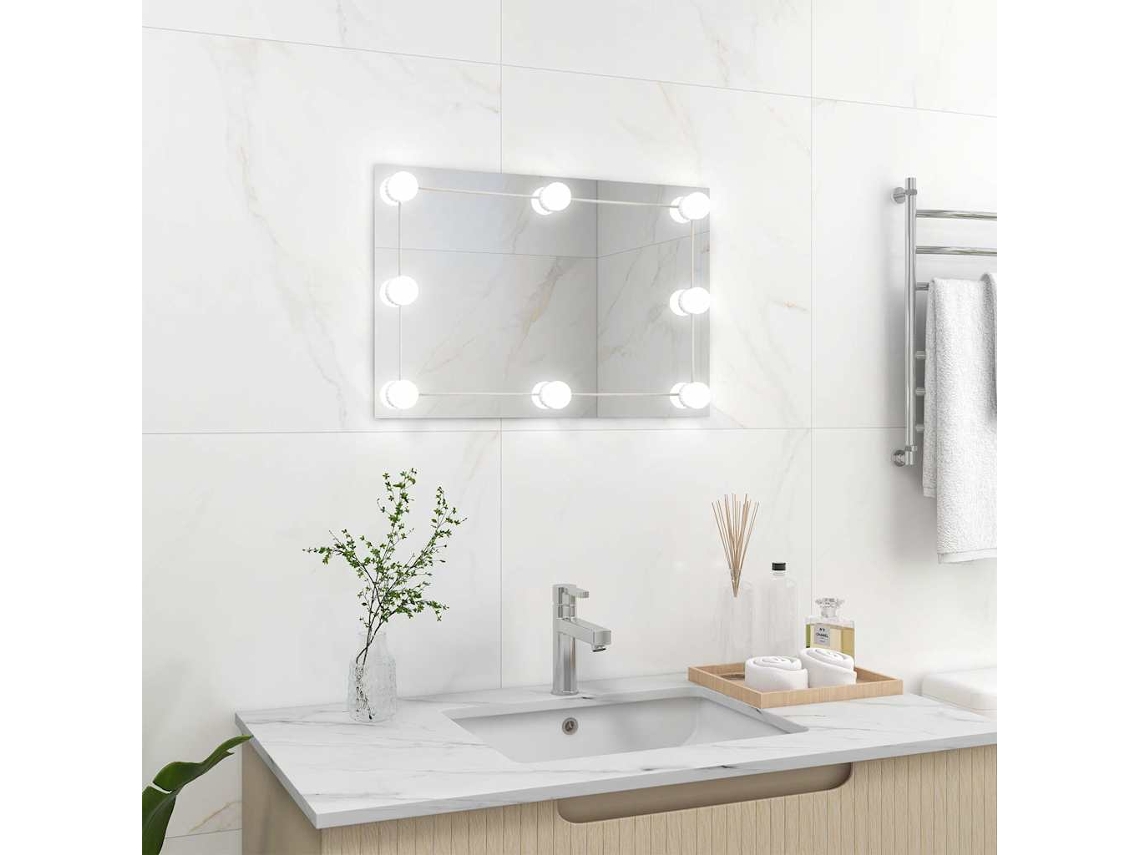 Espejo de pared con luces LED rectangular de vidrio