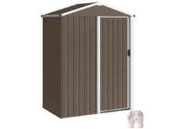 Caseta de jardín metálica de 136x87x179 cm, cobertizo para herramientas con puerta corredera, techo inclinado y guantes, color marrón, PMM CAPITALI