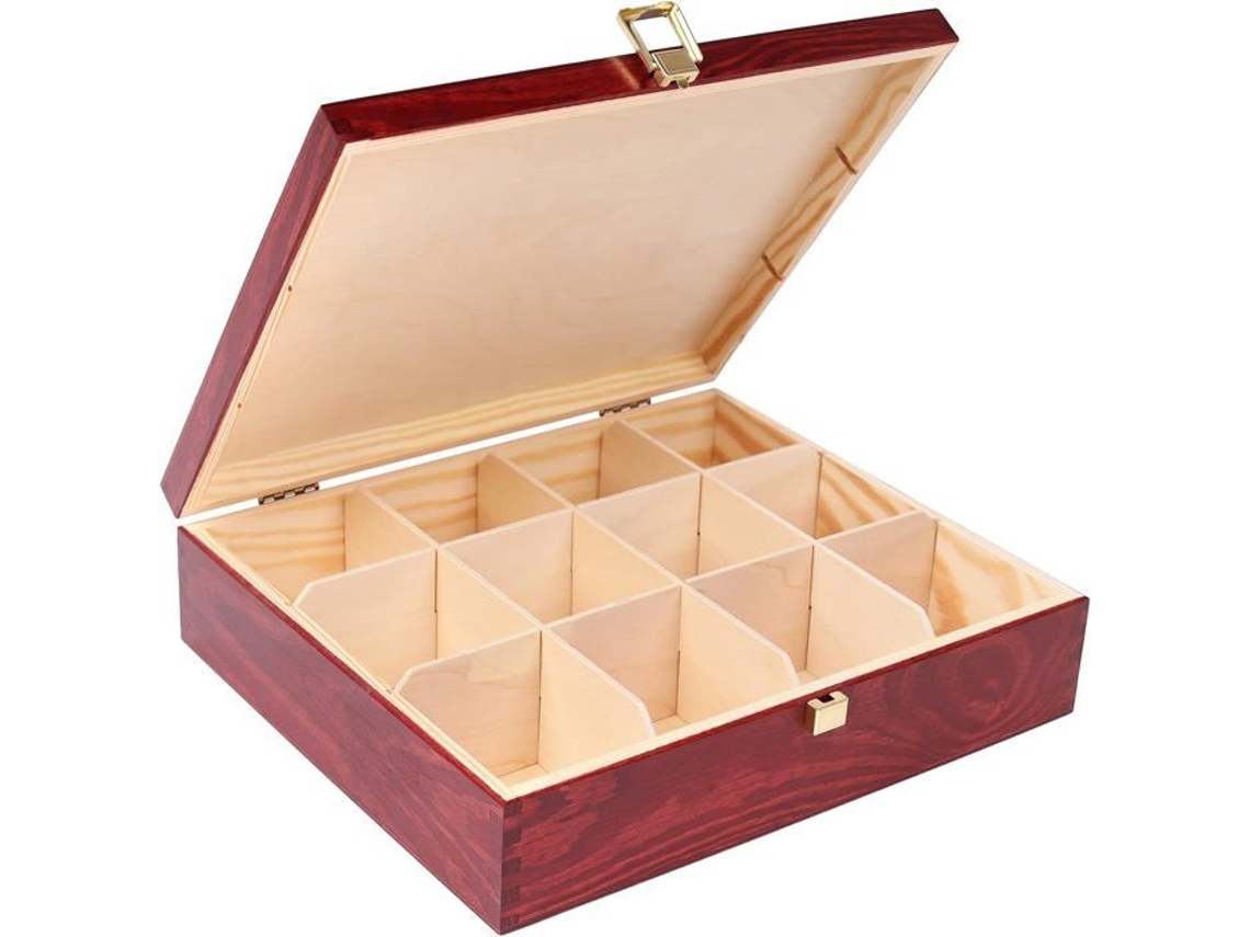 Caja de Té - Decoración Creativa - Roja - 29 X 25 X 7,5 Cm - 12 Compartimentos - Madera Maciza